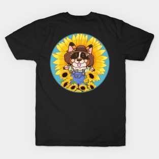 Tri Color Corgi Scarecrow in the Sunflower Field T-Shirt
